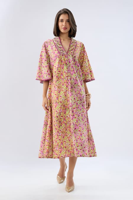 Buy Raw & Rustic By Niti Bothra Pink Linen, Cotton Beads, Embroidery, Piping V-neck Floral Print Kaftan Dress Buy_Raw & Rustic By Niti Bothra_Pink Linen, Cotton Beads, Embroidery, Piping V-neck Floral Print Kaftan Dress