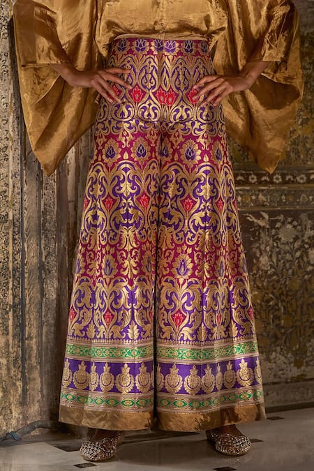 Shop_Dash And Dot_Multi Color Silk, Brocade Zari, Embroidery Collared, Top And Flared Pant Set _Online_at_Aza_Fashions