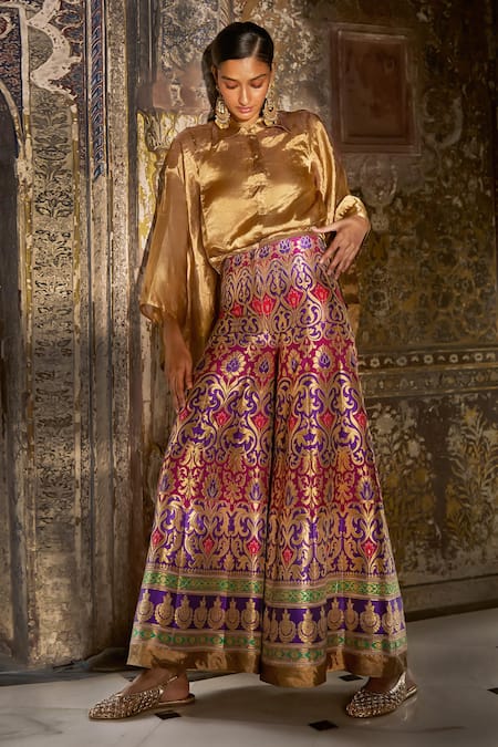 Dash And Dot_Multi Color Silk, Brocade Zari, Embroidery Collared, Top And Flared Pant Set _at_Aza_Fashions