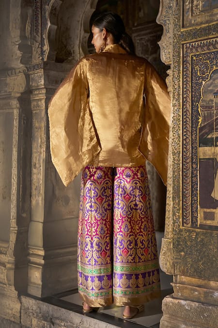 Dash And Dot Zari Silk Top & Brocade Flared Pant Set 