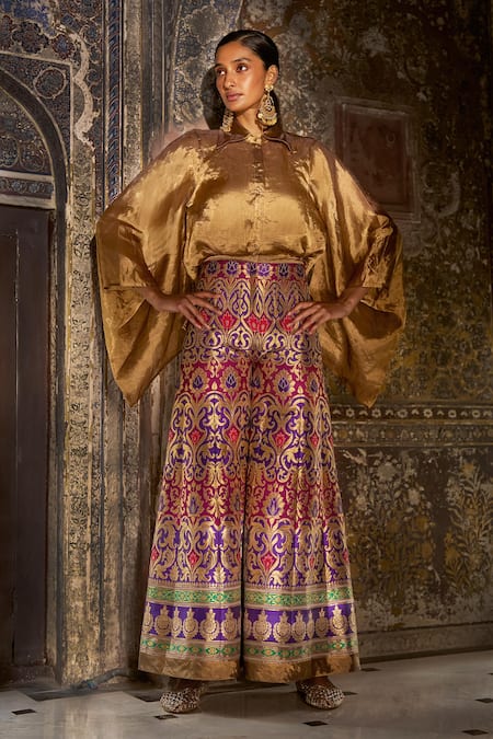 Dash And Dot Zari Silk Top & Brocade Flared Pant Set 