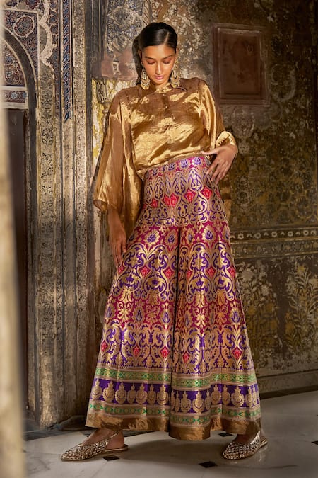 Shop_Dash And Dot_Gold Silk Collared, Button-down Neck Zari Wide Sleeve Shirt _Online_at_Aza_Fashions