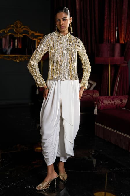 Dash And Dot Textured Jacket & Draped Pant Set 