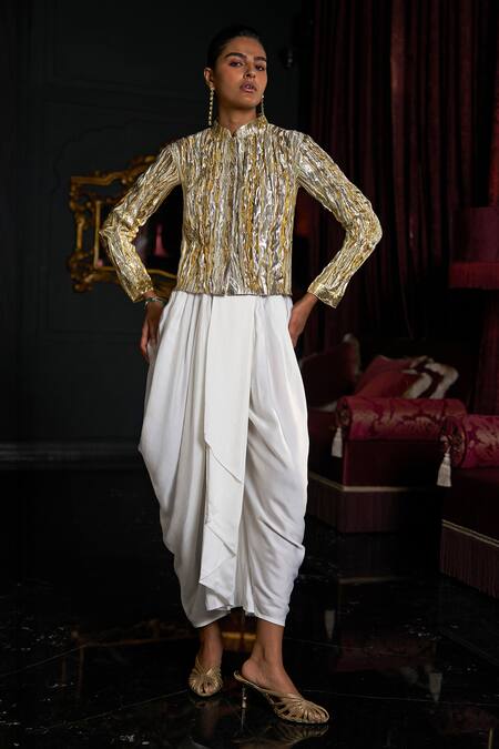 Dash And Dot_Silver Polyester, Viscose High Neck Textured Jacket And Draped Pant Set _at_Aza_Fashions