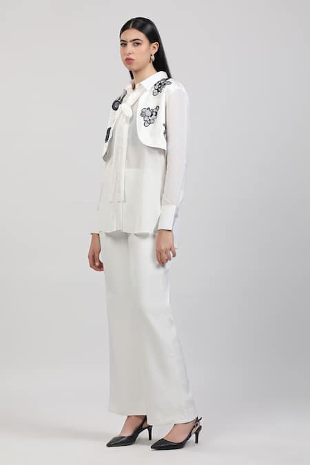 Zosia_Ivory Georgette, Modal, Satin Applique Collared Orvanna Printed Shirt _at_Aza_Fashions