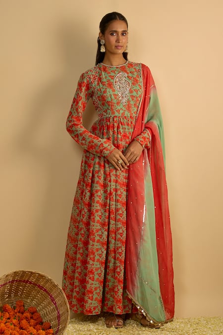 RAYASHA KHAN Orchids Floral Printed Anarkali & Embellished Dupatta Set 