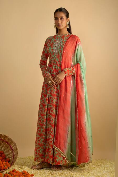 Buy_RAYASHA KHAN_Green Georgette, Orchids Floral Printed Anarkali And Embellished Dupatta Set _Online_at_Aza_Fashions