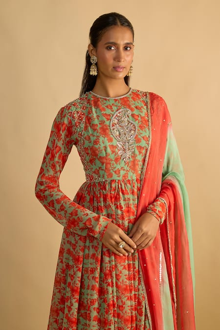 Shop_RAYASHA KHAN_Green Georgette, Orchids Floral Printed Anarkali And Embellished Dupatta Set _Online_at_Aza_Fashions