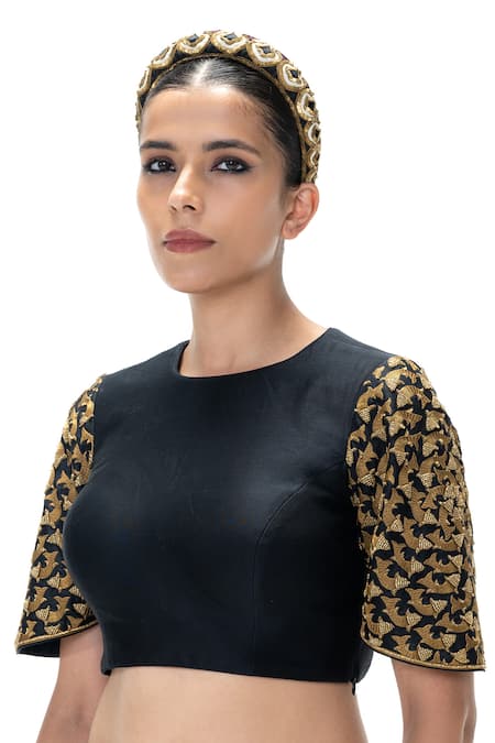 Buy_Mimamsaa_Black Cotton, Silk Embroidery Round , Keyhole Jahnavi Handwoven Blouse _Online_at_Aza_Fashions