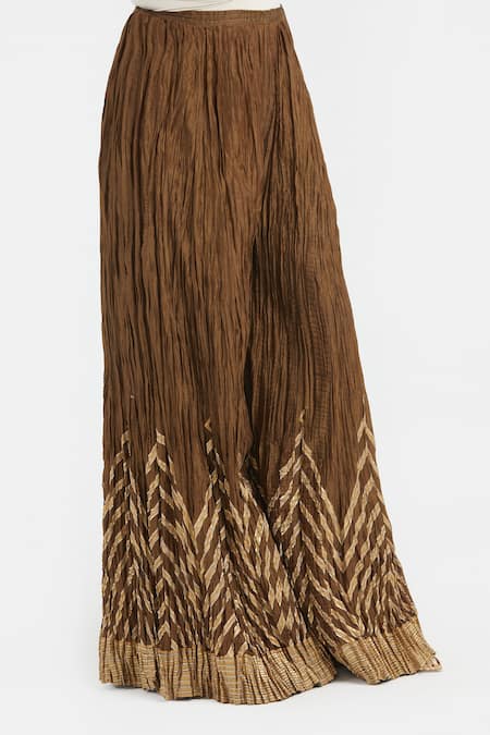 Shop_Kora_Brown Chanderi Silk Gota Patti, Tassels Crushed Sharara With Border _Online_at_Aza_Fashions