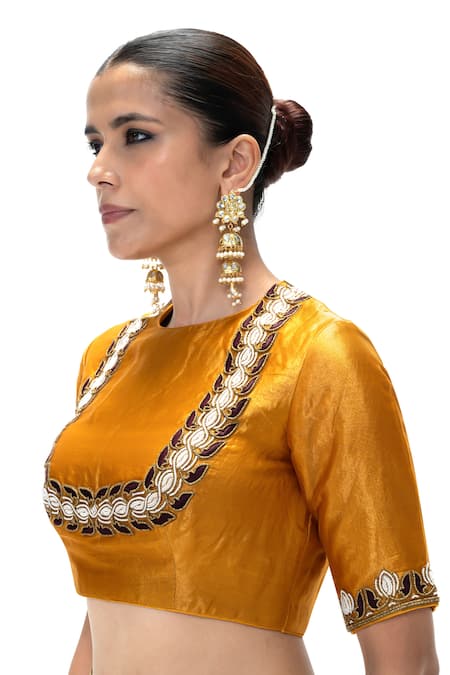 Mimamsaa_Mustard Tissue, Silk Embroidery, Metallic Thread Round Advika Handwoven Blouse _Online_at_Aza_Fashions