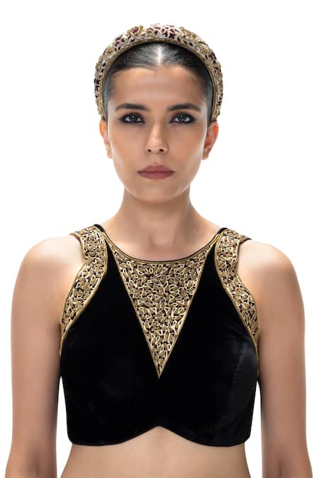 Buy_Mimamsaa_Black Velvet, Silk Embroidery Round Neck, Nisaba Handwoven And Blouse _Online_at_Aza_Fashions