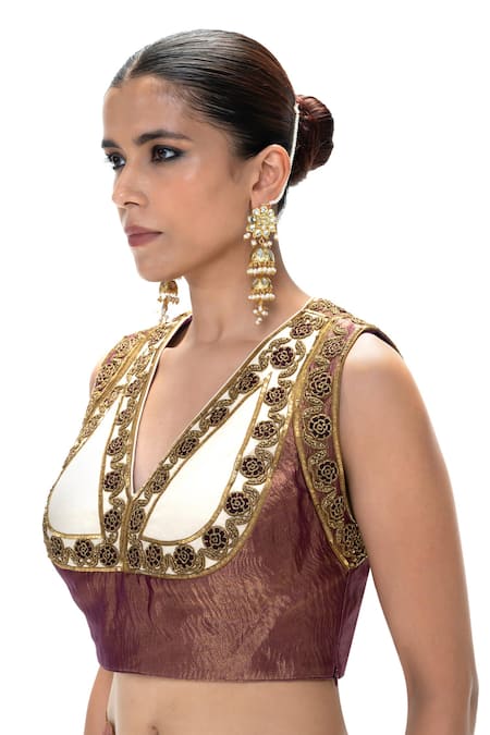 Mimamsaa_Pink Tissue Embroidery V-neck Leena Handwoven Crushed Blouse _Online_at_Aza_Fashions