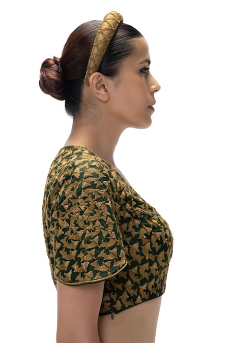 Mimamsaa Green Chanderi Silk Embroidery, Metallic Thread V-neck Ritu Handwoven Blouse Online at Aza Fashions Mimamsaa_Green Chanderi Silk Embroidery, Metallic Thread V-neck Ritu Handwoven Blouse _Online_at_Aza_Fashions