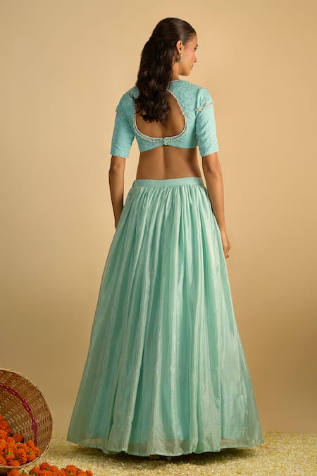 RAYASHA KHAN Bluebells Crystal Blue Silk Chiffon Lehenga Set 
