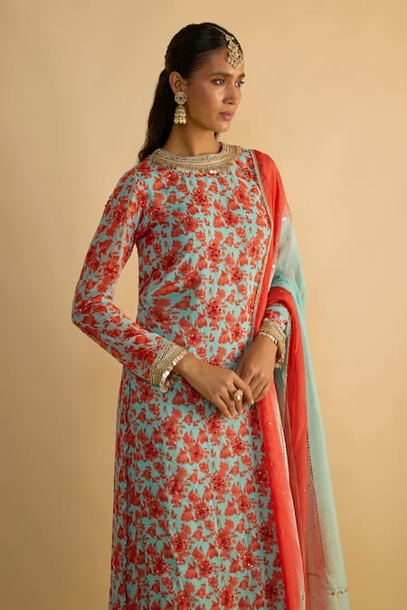Shop_RAYASHA KHAN_Blue Georgette, Organza Embroidery, Morning Glory Floral Printed Kurta Set _Online_at_Aza_Fashions