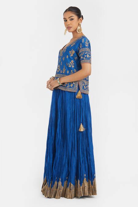 Shop_Kora_Blue Chanderi , Organza Beads, Sequins, Dori Blouse And Lehenga Set 