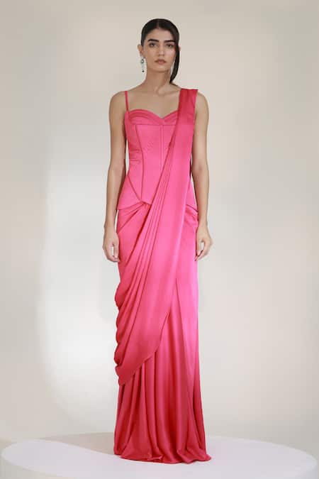 Libas Cafe by Nidhi & Ashish_Pink Satin, Silk Sweetheart Neck Gulabi Pre-draped Skirt Saree With Corset _Online_at_Aza_Fashions