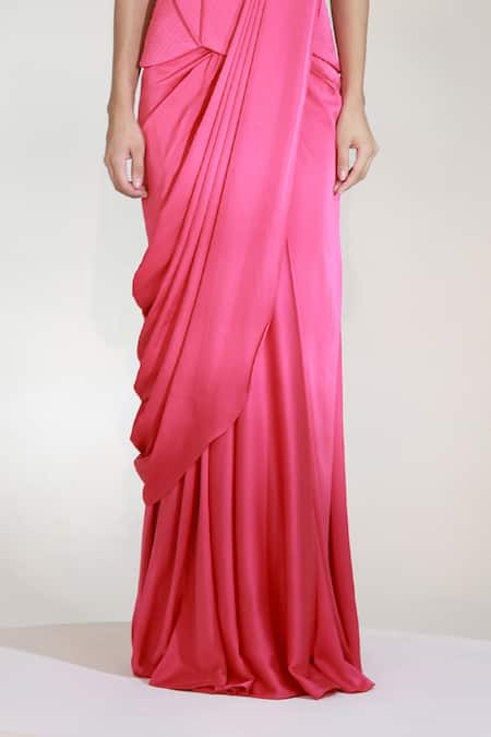 Buy_Libas Cafe by Nidhi & Ashish_Pink Satin, Silk Sweetheart Neck Gulabi Pre-draped Skirt Saree With Corset _Online_at_Aza_Fashions