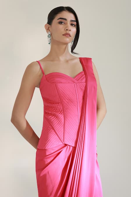 Shop_Libas Cafe by Nidhi & Ashish_Pink Satin, Silk Sweetheart Neck Gulabi Pre-draped Skirt Saree With Corset _Online_at_Aza_Fashions