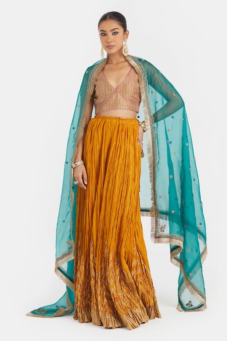 Shop_Kora_Yellow Silk, Chanderi Gota Patti, Piping V-neck Work Blouse _Online_at_Aza_Fashions