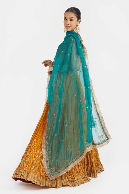 Shop_Kora_Yellow Silk, Chanderi Gota Patti, Piping V-neck Work Blouse 