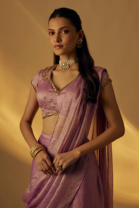Buy RAYASHA KHAN Lavender Silk Zari, Sequins V-neck Pre-draped Saree With Blouse Online at Aza Fashions Buy_RAYASHA KHAN_Lavender Silk Zari, Sequins V-neck Pre-draped Saree With Blouse _Online_at_Aza_Fashions