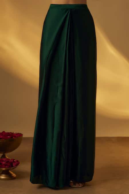 Buy RAYASHA KHAN Emerald Green Satin Embroidery, Metallic Thread V-neck Jacket With Draped Skirt Online at Aza Fashions Buy_RAYASHA KHAN_Emerald Green Satin Embroidery, Metallic Thread V-neck Jacket With Draped Skirt _Online_at_Aza_Fashions