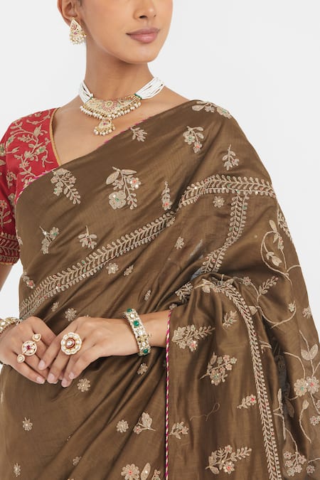 Kora_Olive Green Silk, Chanderi Embroidery, Beads, Sequins Dori Saree _Online_at_Aza_Fashions