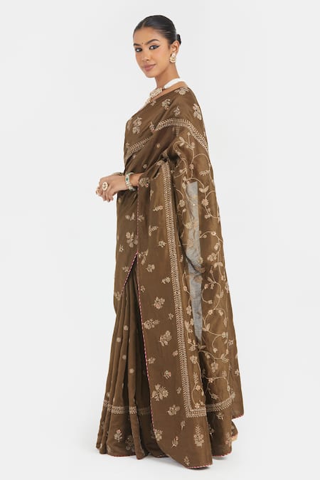Buy_Kora_Olive Green Silk, Chanderi Embroidery, Beads, Sequins Dori Saree _Online_at_Aza_Fashions