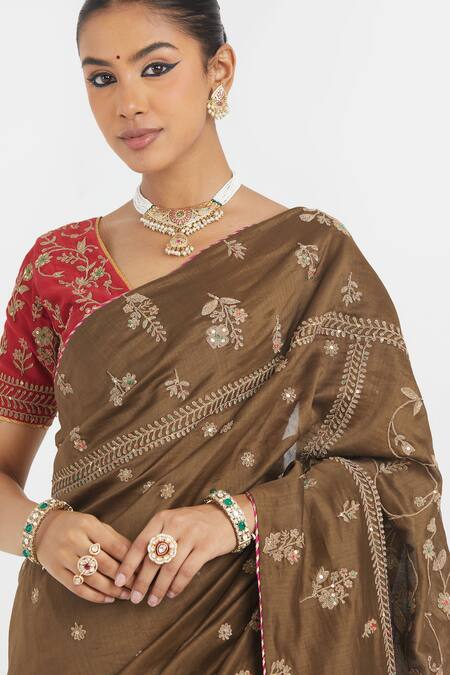 Shop_Kora_Olive Green Silk, Chanderi Embroidery, Beads, Sequins Dori Saree _Online_at_Aza_Fashions