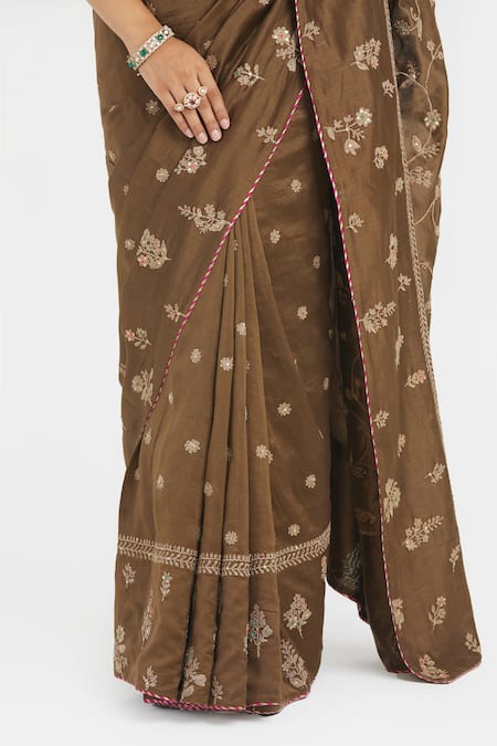 Buy_Kora_Olive Green Silk, Chanderi Embroidery, Beads, Sequins Dori Saree 