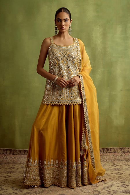 SUHINO Yellow Silk Kurta Sharara Set 
