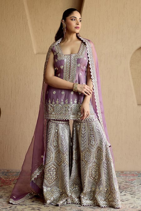 SUHINO Purple Tissue Kurta Gharara Set 