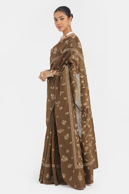 Buy_Kora_Olive Green Organza, Chanderi , Embroidery, Dori Saree And Blouse _Online_at_Aza_Fashions