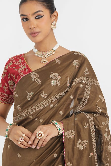 Shop_Kora_Olive Green Organza, Chanderi , Embroidery, Dori Saree And Blouse _Online_at_Aza_Fashions