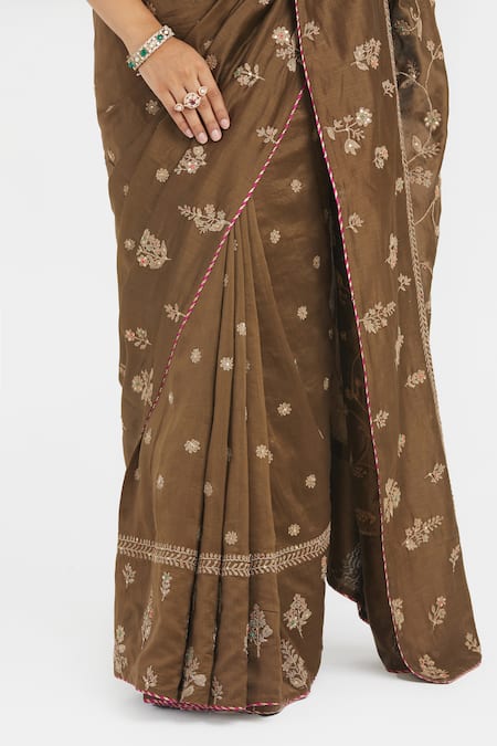 Buy_Kora_Olive Green Organza, Chanderi , Embroidery, Dori Saree And Blouse 