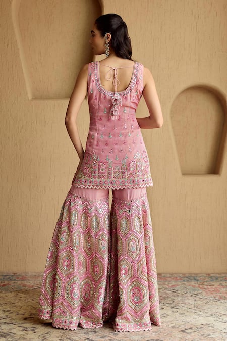 SUHINO Pink Tissue Embroidered Kurta Sharara Set 