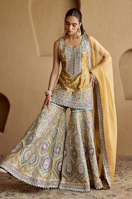 SUHINO Mustard Patch Silk Kurta Gharara Set 