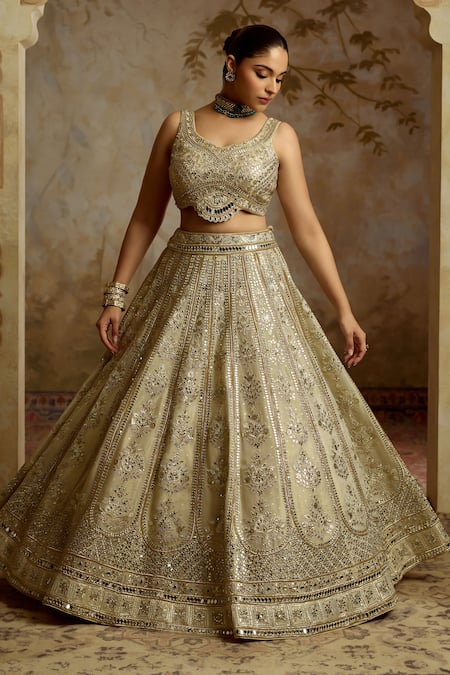 Shop_SUHINO_Ivory Tissue, Organza Embroidery, Mirrors, Zari, Sequins Round Neck Lehenga Set _Online_at_Aza_Fashions
