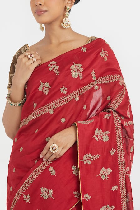 Buy_Kora_Red Chanderi Silk Embroidery, Beads, Sequins Dori Saree _Online_at_Aza_Fashions