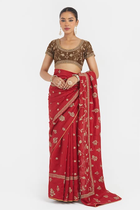 Shop_Kora_Red Chanderi Silk Embroidery, Beads, Sequins Dori Saree _Online_at_Aza_Fashions