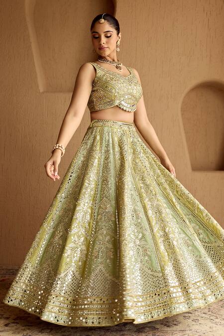 Buy SUHINO Green Tissue, Organza Mirrors, Zari, Embroidery Leaf Neck Dual Kali Lehenga Set Online at Aza Fashions Buy_SUHINO_Green Tissue, Organza Mirrors, Zari, Embroidery Leaf Neck Dual Kali Lehenga Set _Online_at_Aza_Fashions