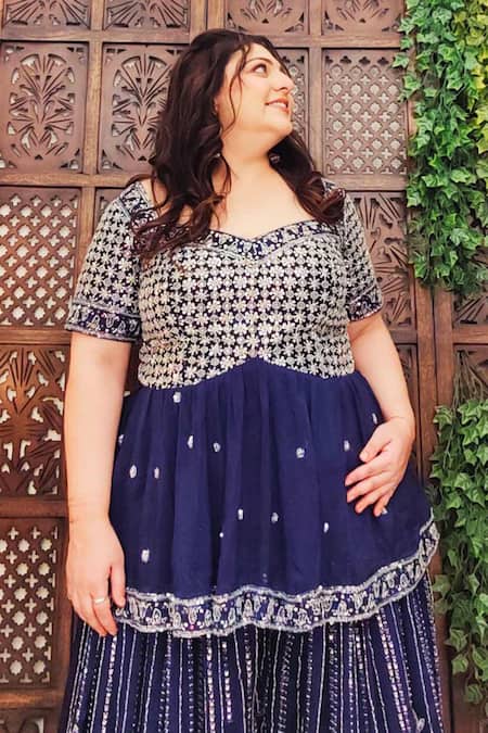 Amaltas Couture_Blue Organza Sequins, Stones, Beads Sweetheart Neck Peplum Kurta Sharara Set _Online_at_Aza_Fashions