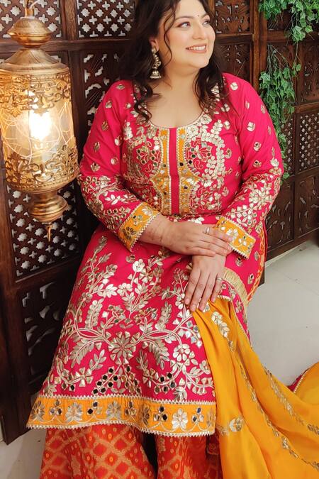 Shop Amaltas Couture Pink Silk, Georgette, Organza Gota Patti, Mirrors, Embroidery, Work Kurta Set Shop_Amaltas Couture_Pink Silk, Georgette, Organza Gota Patti, Mirrors, Embroidery, Work Kurta Set