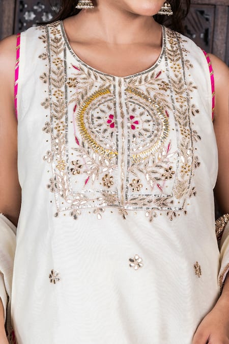 Amaltas Couture_Off White Chanderi Gota Patti, Beads, Embroidery, Zari Round Kurta Sharara Set _Online_at_Aza_Fashions