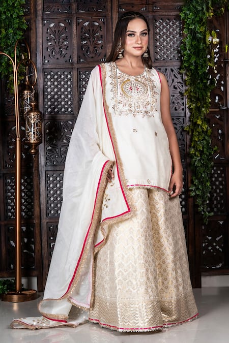 Buy_Amaltas Couture_Off White Chanderi Gota Patti, Beads, Embroidery, Zari Round Kurta Sharara Set _Online_at_Aza_Fashions