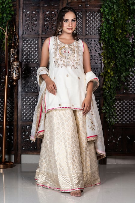 Shop_Amaltas Couture_Off White Chanderi Gota Patti, Beads, Embroidery, Zari Round Kurta Sharara Set _Online_at_Aza_Fashions