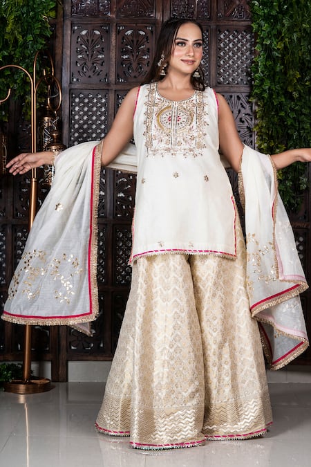 Amaltas Couture_Off White Chanderi Gota Patti, Beads, Embroidery, Zari Round Kurta Sharara Set _at_Aza_Fashions