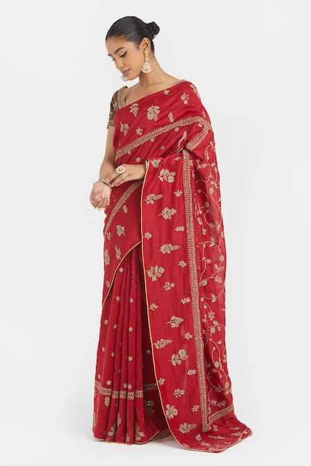 Kora_Red Organza, Chanderi , Chanderi, Dori Saree And Blouse _Online_at_Aza_Fashions